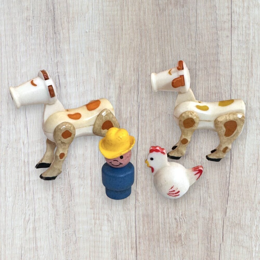 Vintage Fisher Price Wooden Farm Animals Cow Figures Chicken Farmer Lot